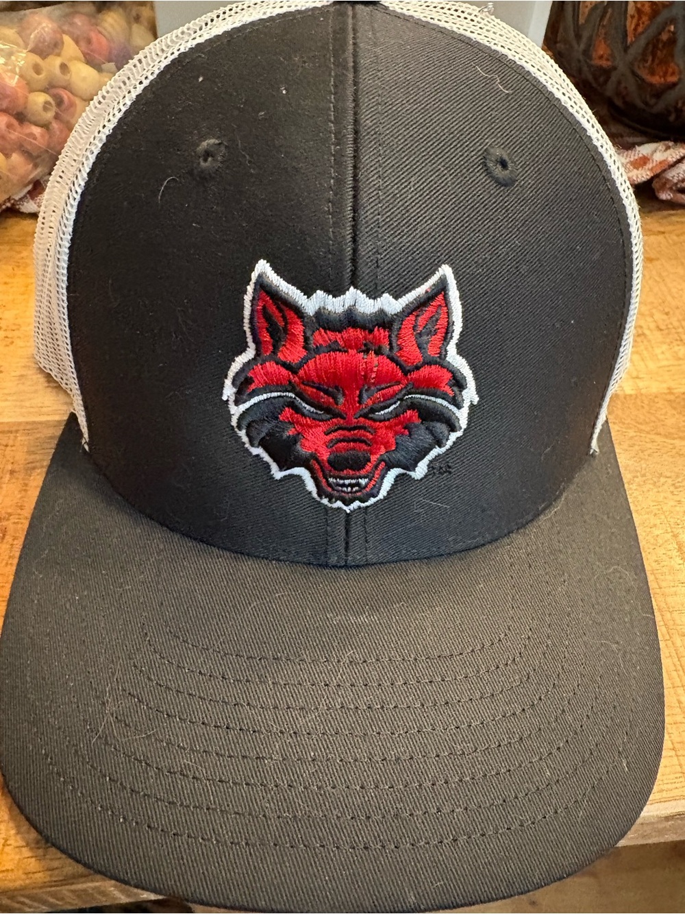 Kids Black and White Trucker Cap with Red Wolves